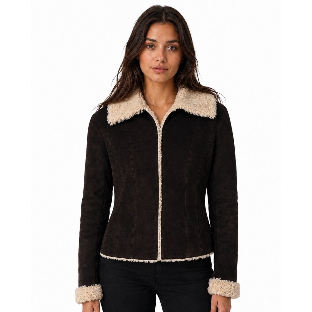 Y2K Express Suede Leather Penny Lane Faux Sherpa Lined Coat Brown Size Medium